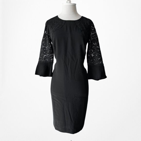 Vintage Y2K Black Long Lace Bell Sleeves Knee Length Cocktail Shift Dress Size M - Picture 3 of 7